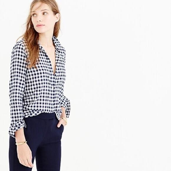 J. Crew 00 Boy Fit Classic Button Down Crinkle Shirt Navy Gingham Plaid - Picture 1 of 7
